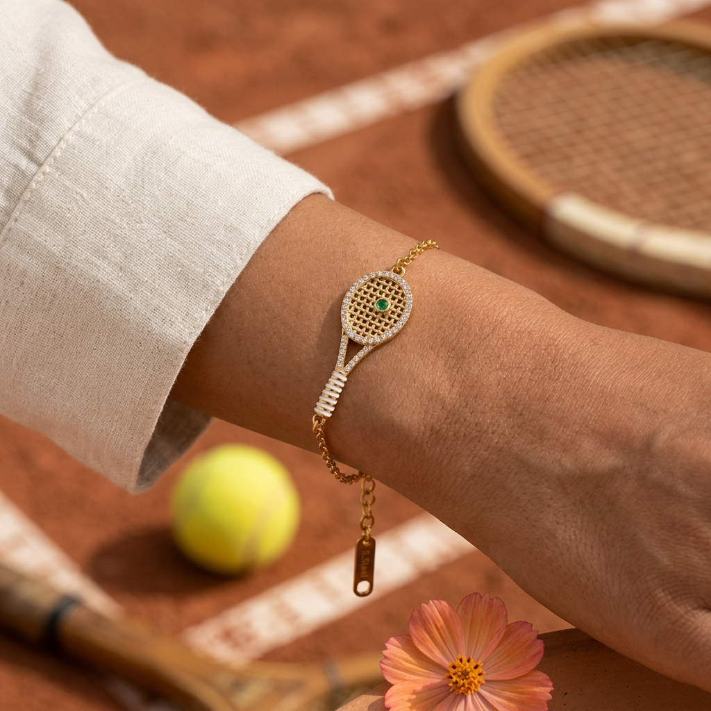 Tennis racket bracelet lifestyle with a tennis court, ball and racket in the background