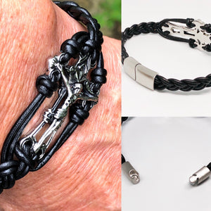 Crucifix Cross Stainless Steel Braided Leather Bracelet