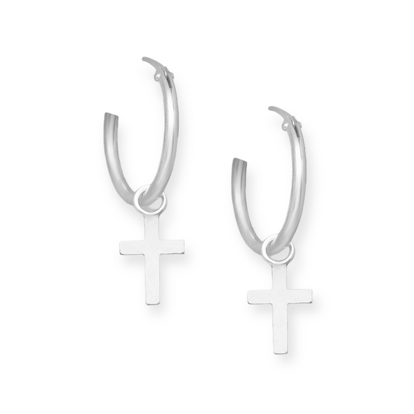 Cross Sterling Silver Hoop Earrings