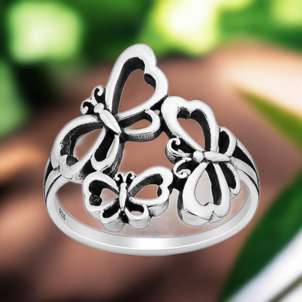 Three Butterflies Sterling Silver Ring