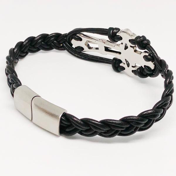 Crucifix Cross Stainless Steel Braided Leather Bracelet