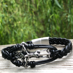 Crucifix Cross Stainless Steel Braided Leather Bracelet