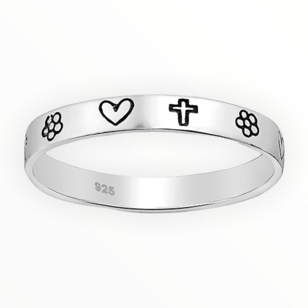 Flower Heart Cross Sterling Silver Ring