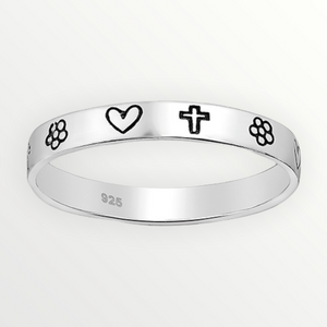 Flower Heart Cross Sterling Silver Ring