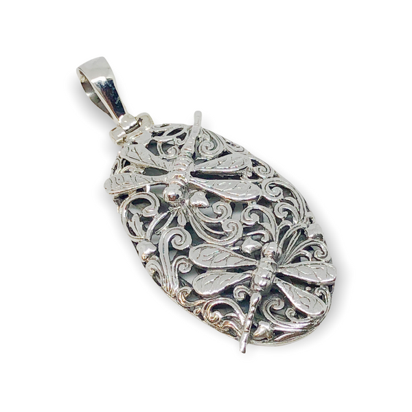 Dragonflies And Flowers Sterling Silver Pendant