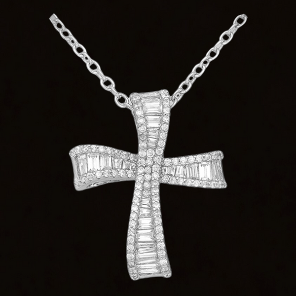 Cubic Zirconia Ribbon Cross Sterling Silver Pendant Necklace