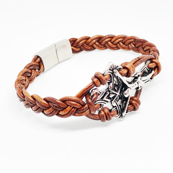 Crucifix Cross Stainless Steel Braided Leather Bracelet