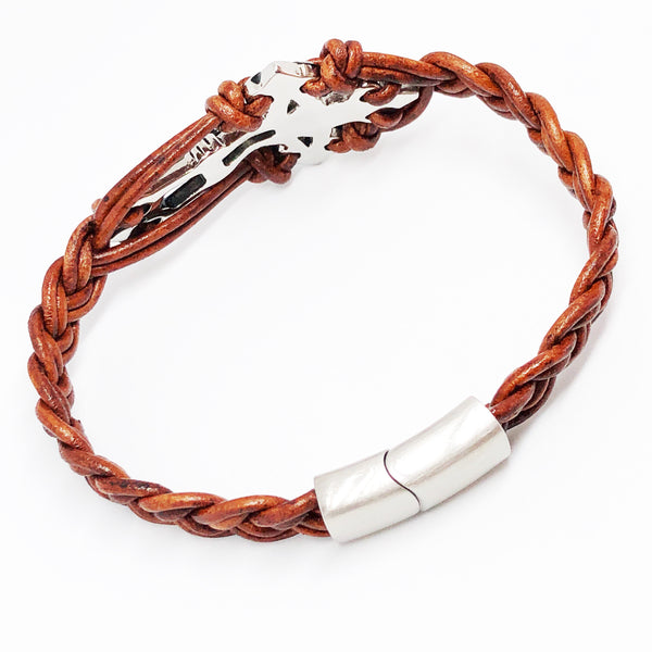 Crucifix Cross Stainless Steel Braided Leather Bracelet