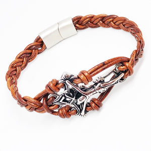 Crucifix Cross Stainless Steel Braided Leather Bracelet