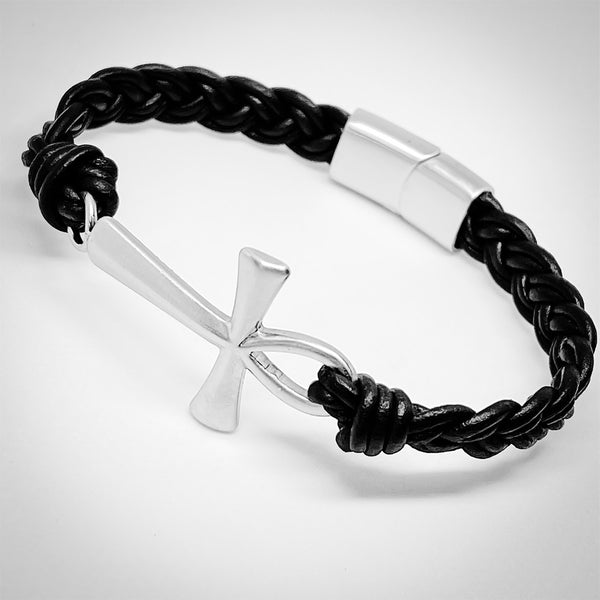 Ankh Cross Stainless Steel Leather Bracelet
