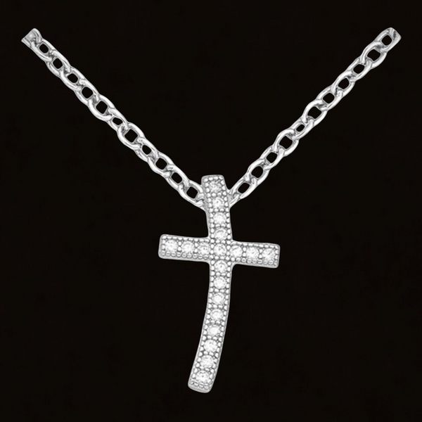 Petite Cubic Zirconia Curve Cross Sterling Silver Pendant Necklace